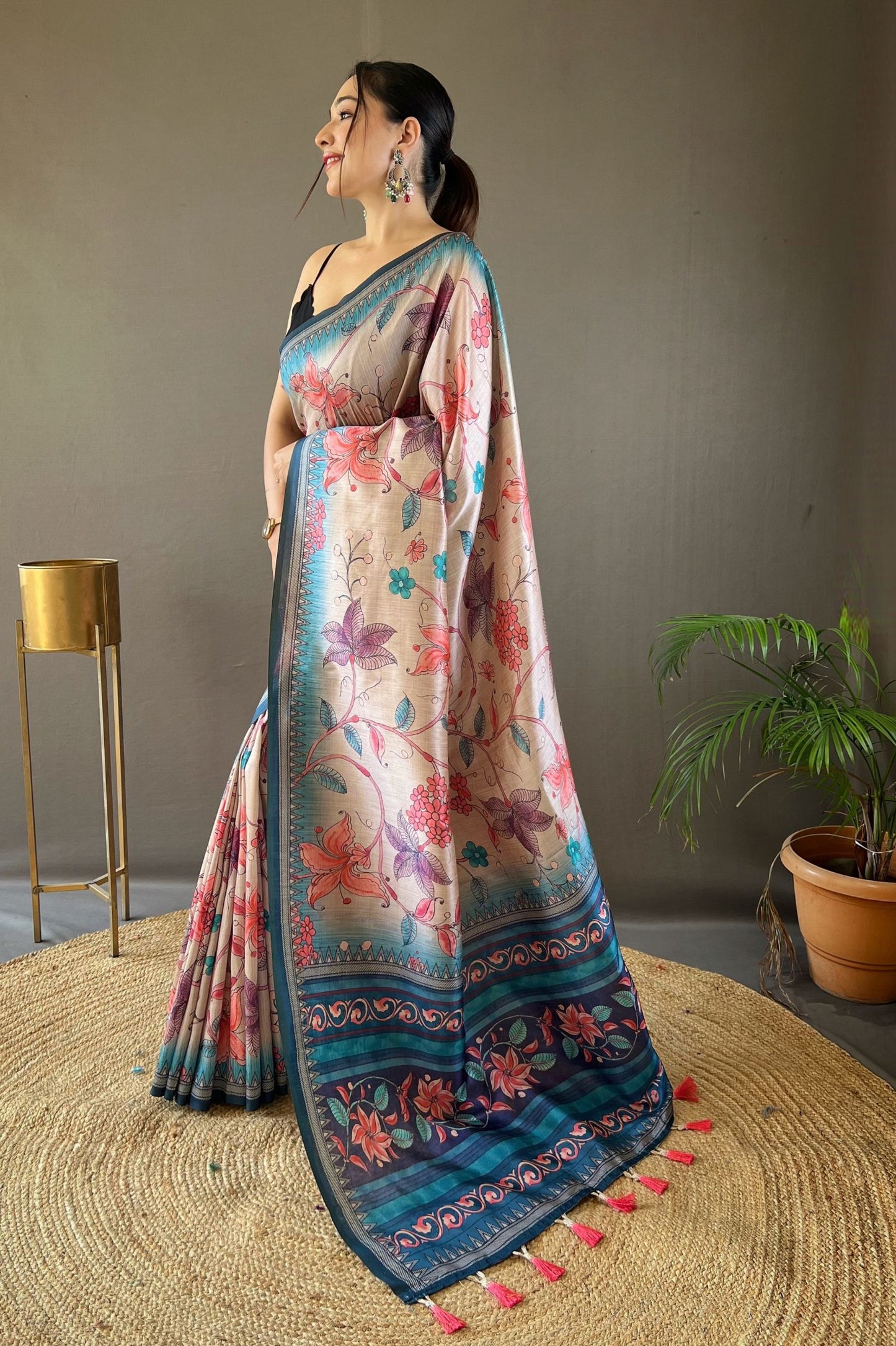 Sky Blue Kalamkari Printed Silk Saree with Tassels