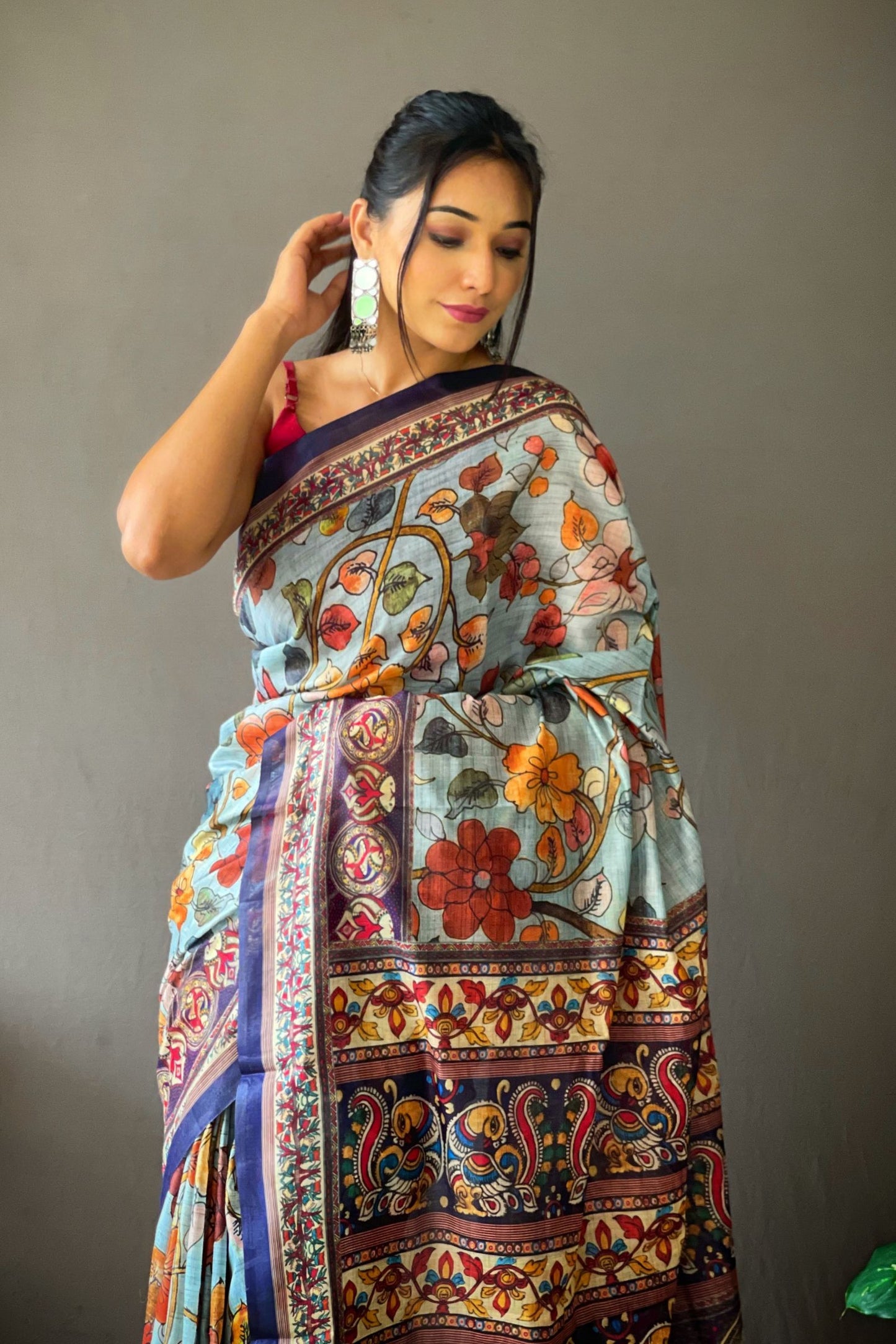 Sky Kalamkari Digital Printed Cotton Saree