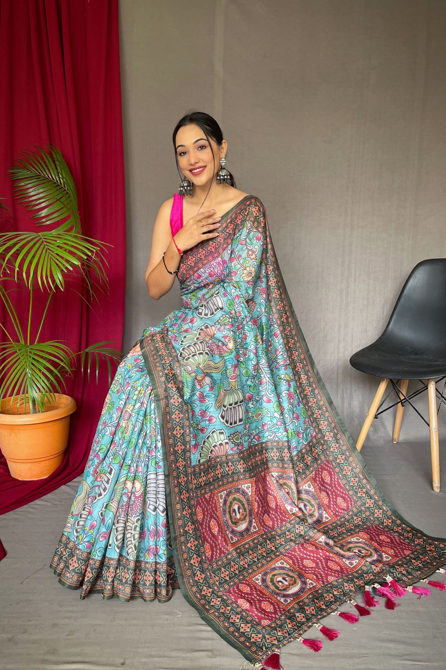 Sky Kalamkari Printed Malai Cotton Saree