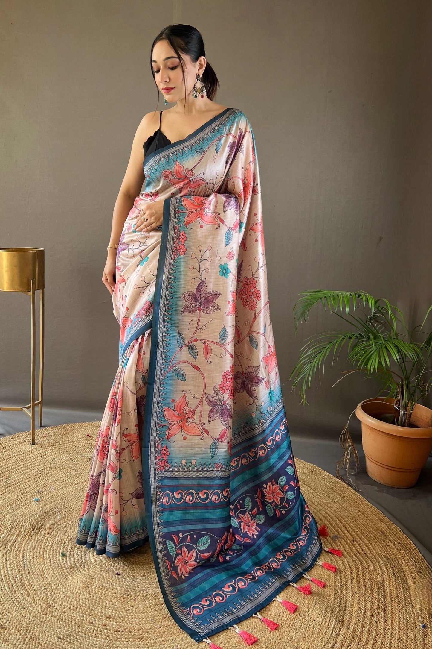 Sky Blue Kalamkari Printed Silk Saree with Tassels