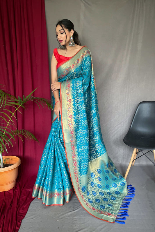 Ocean Blue Patola Silk Saree with Paithani Patola Fusion