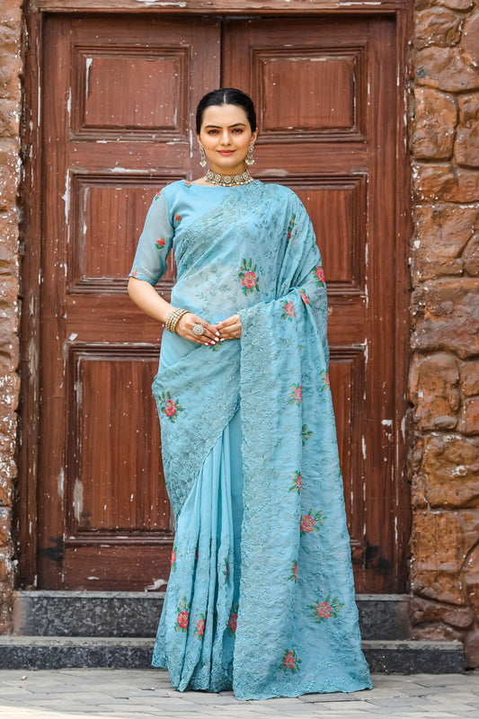 Sky Blue Chiffon Saree with Cross-Stitch Embroidery