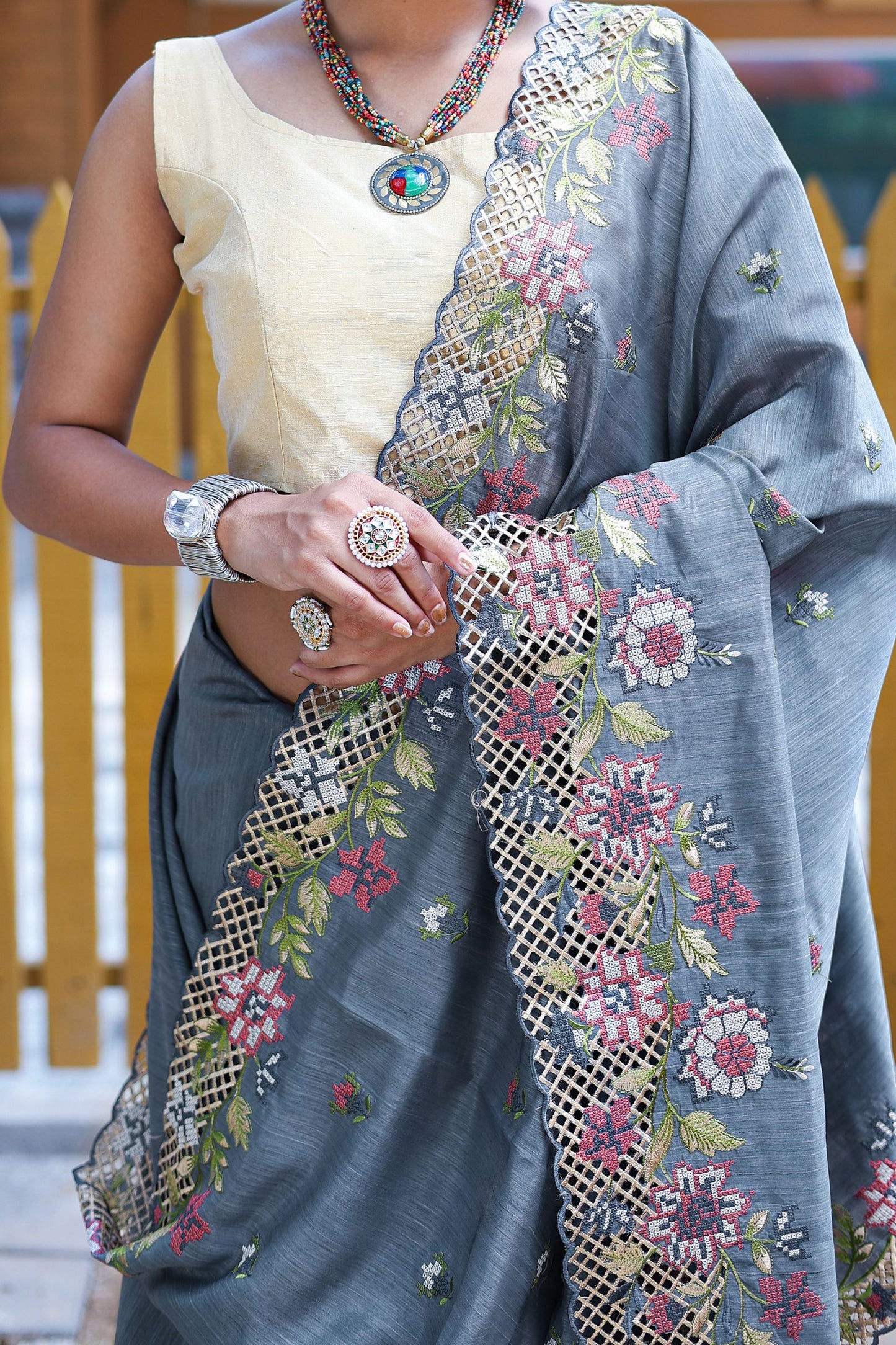 Smokey Grey Embroidered Pure Mark Silk Saree with Cutwork Border