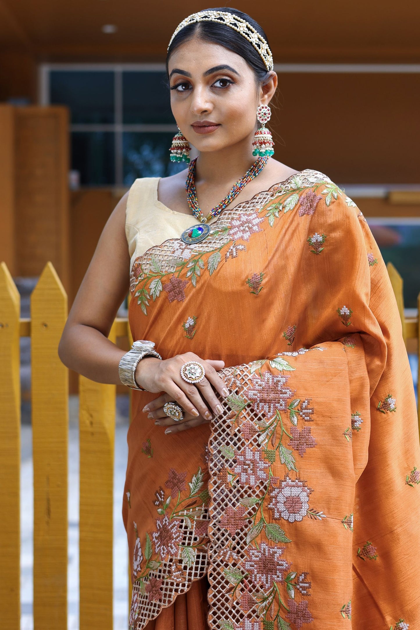 Tangerine Embroidered Pure Mark Silk Saree with Cutwork Border