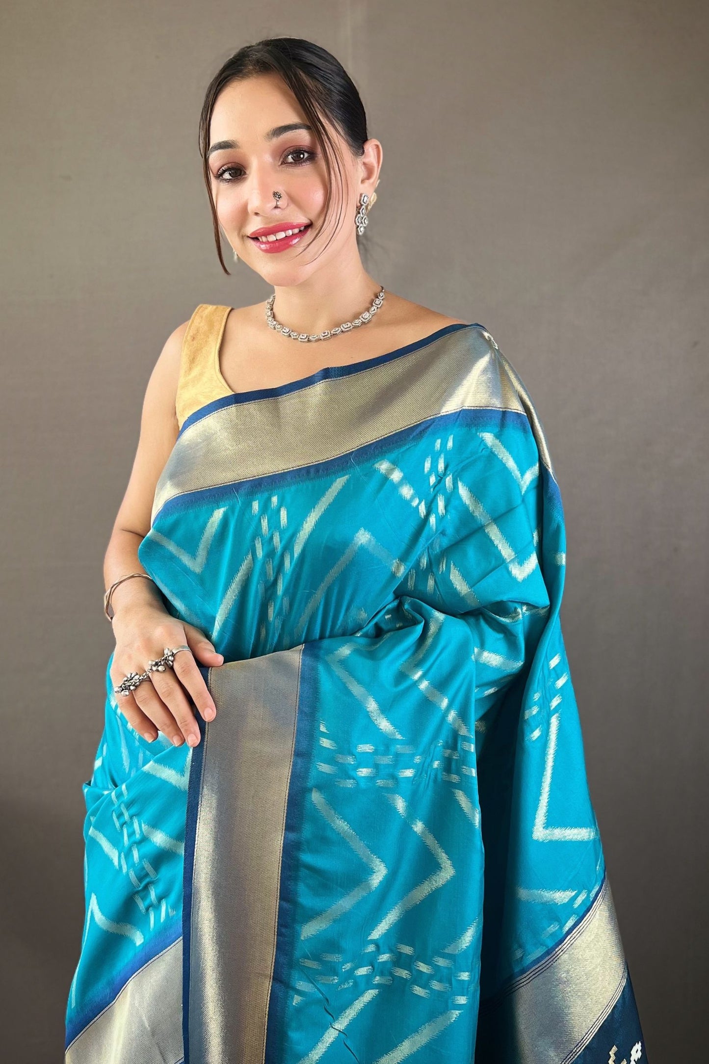 Turquoise Zig Zag Zari Soft Silk Saree