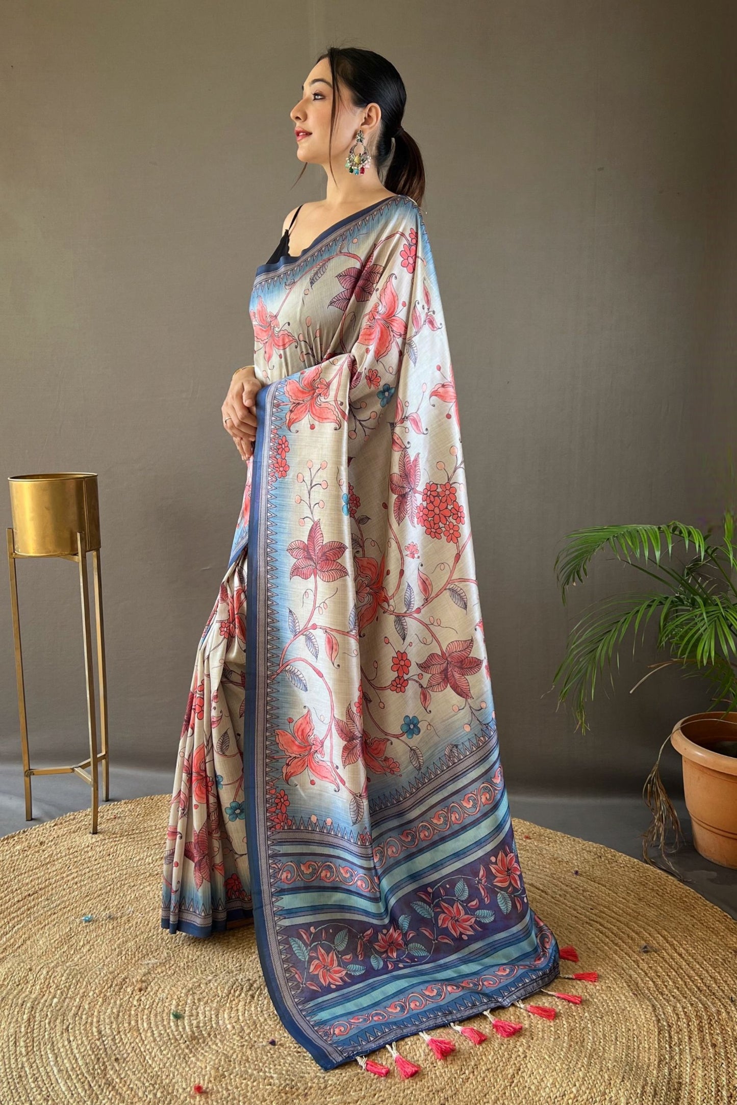 Cobalt Blue Kalamkari Printed Silk Saree with Tassels