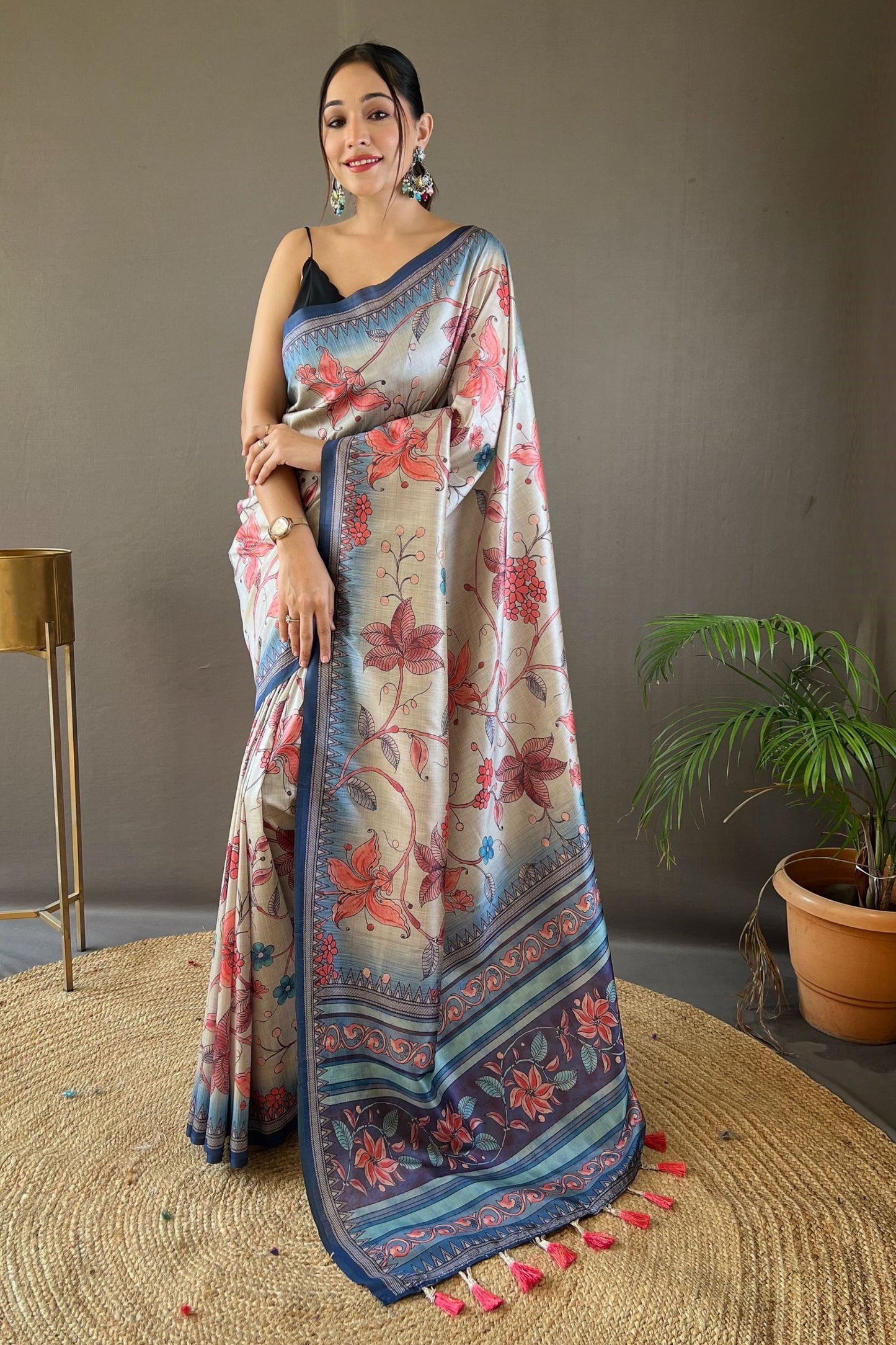 Cobalt Blue Kalamkari Printed Silk Saree with Tassels