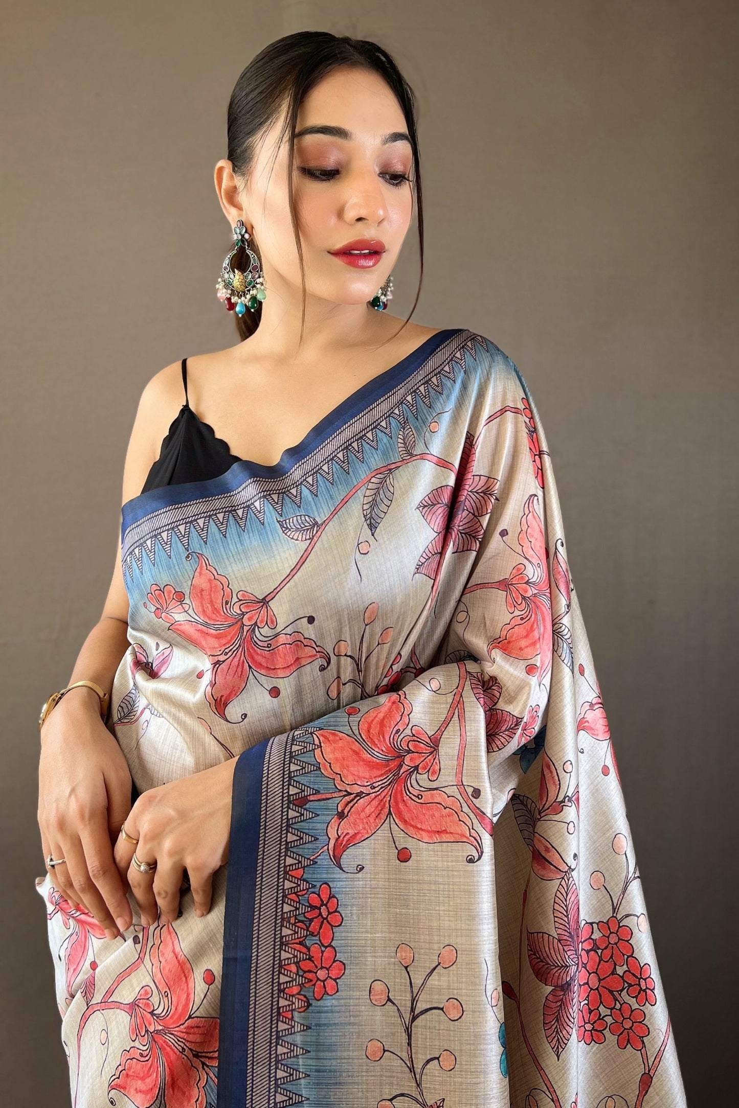 Cobalt Blue Kalamkari Printed Silk Saree with Tassels