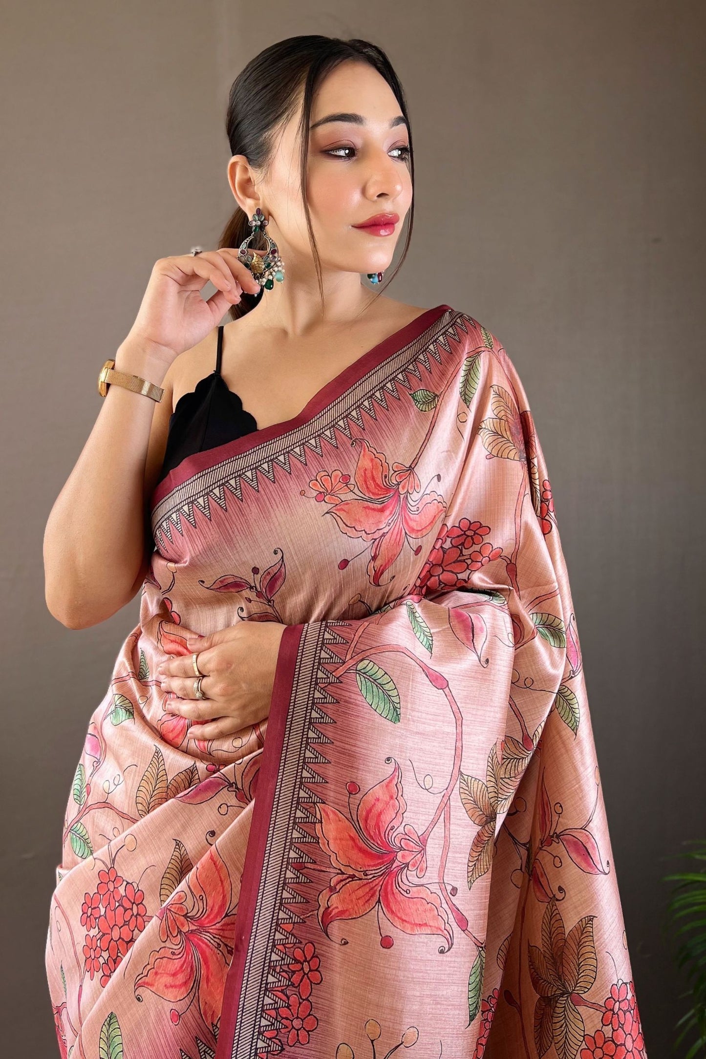 Wine Kalamkari Printed Silk Saree with Tassels