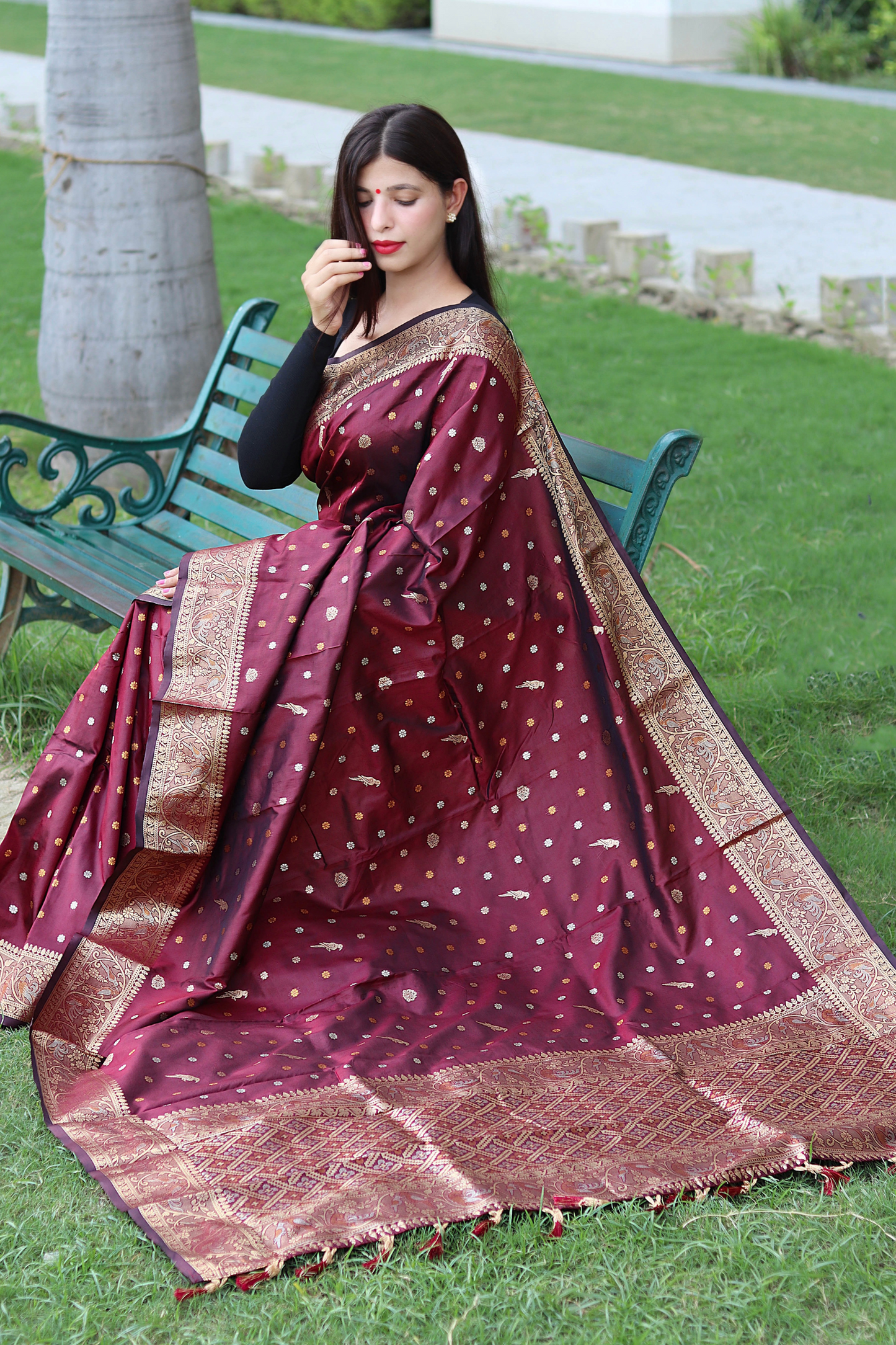 Wine Banarasi Soft Silk Saree with Copper Zari Border