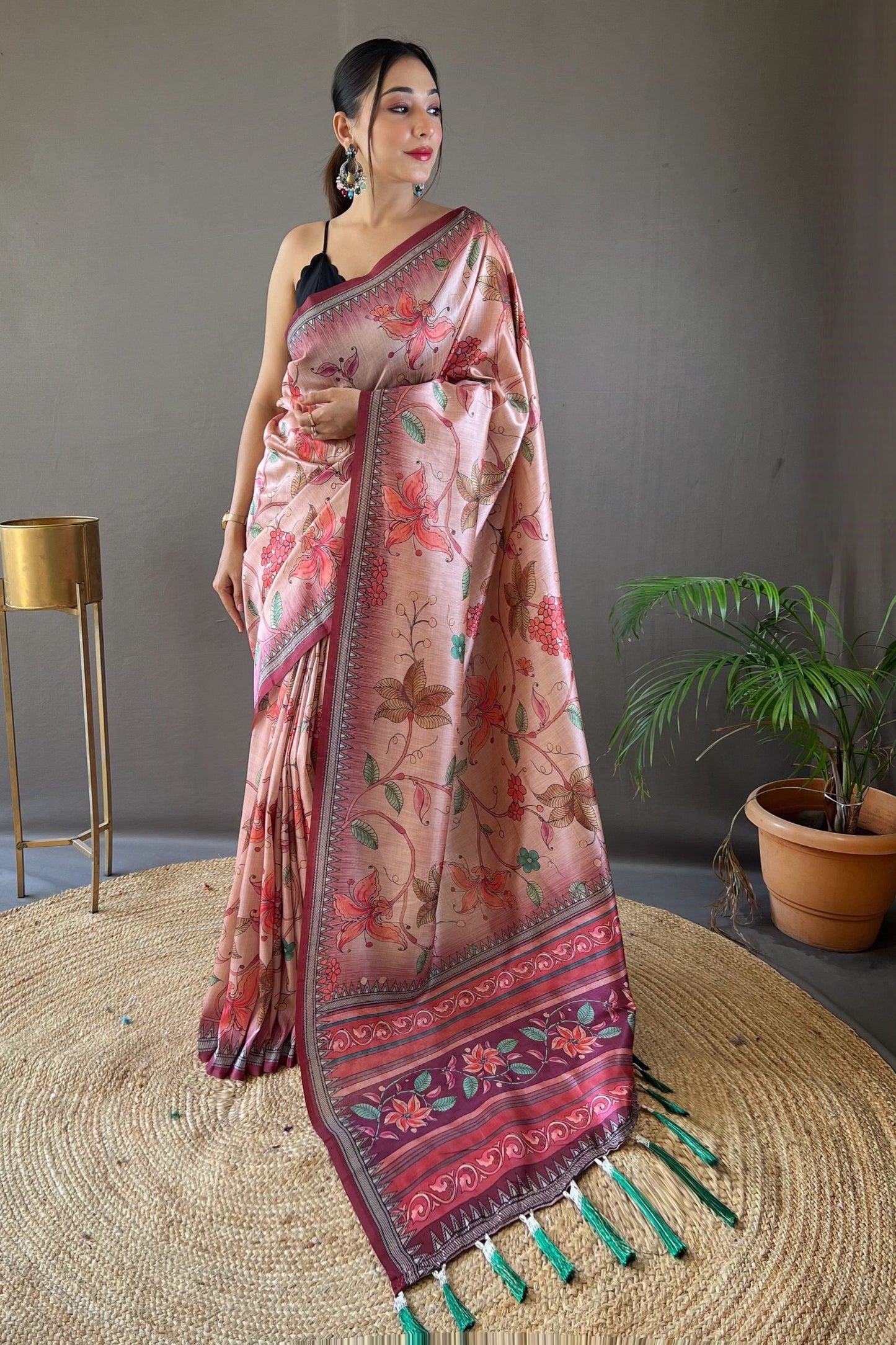 Wine Kalamkari Printed Silk Saree with Tassels