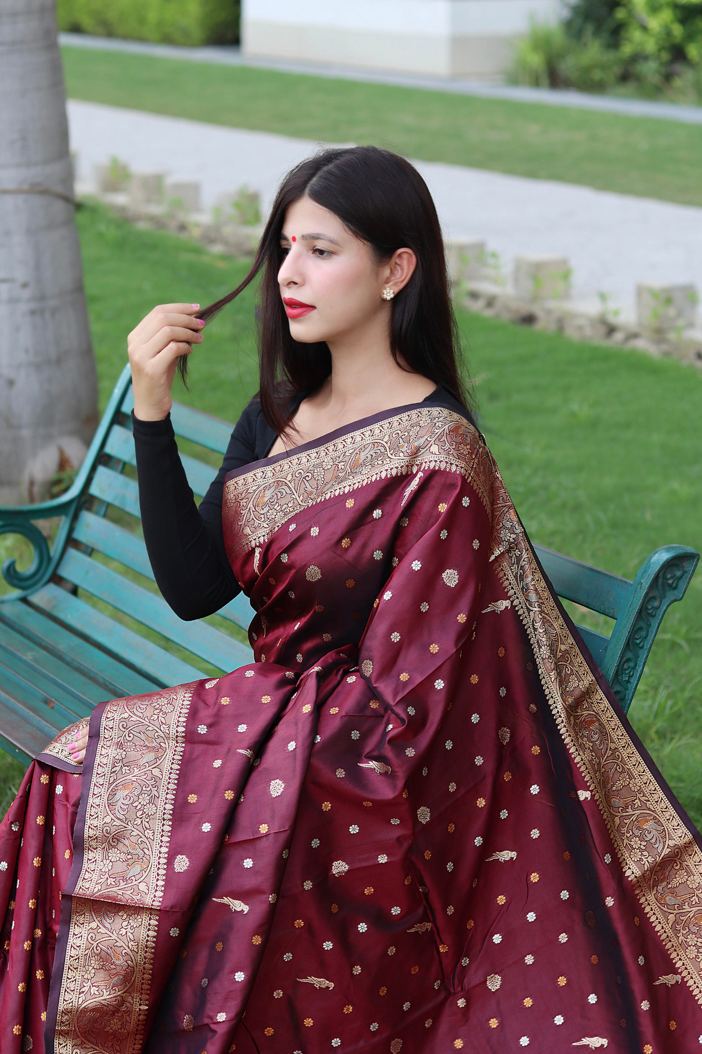 Wine Banarasi Soft Silk Saree with Copper Zari Border