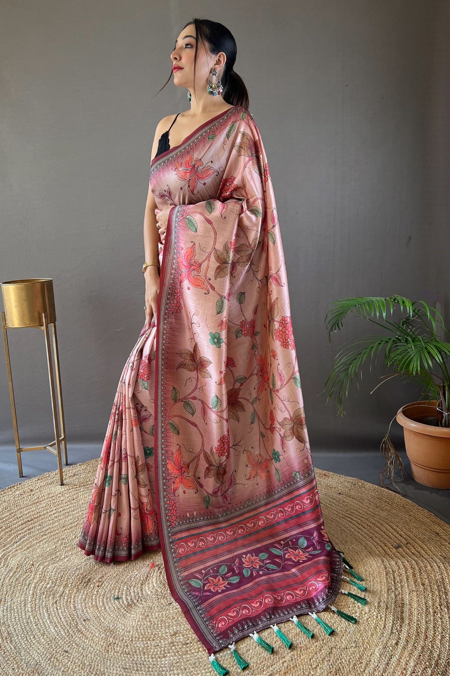 Wine Kalamkari Printed Silk Saree with Tassels