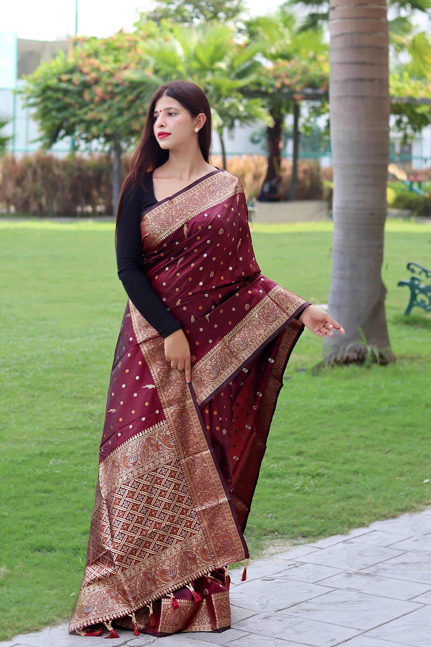 Wine Banarasi Soft Silk Saree with Copper Zari Border