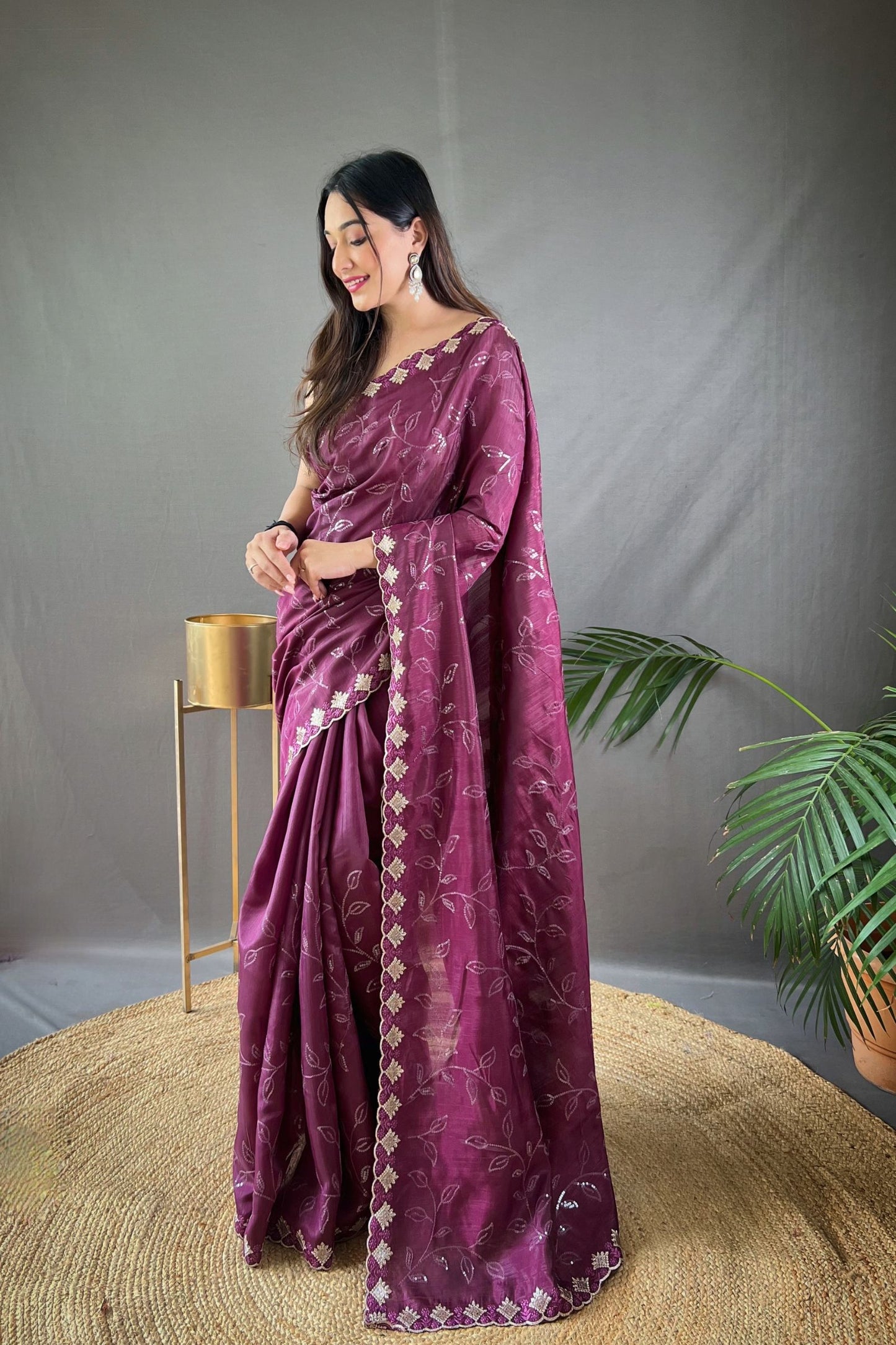 Wine Sequins Work Silk Saree with Embroidered Border