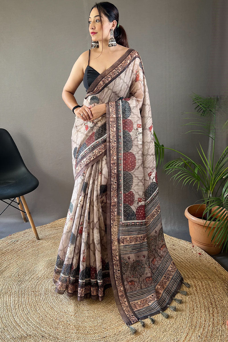 Almond Beige Printed Tussar Silk Saree