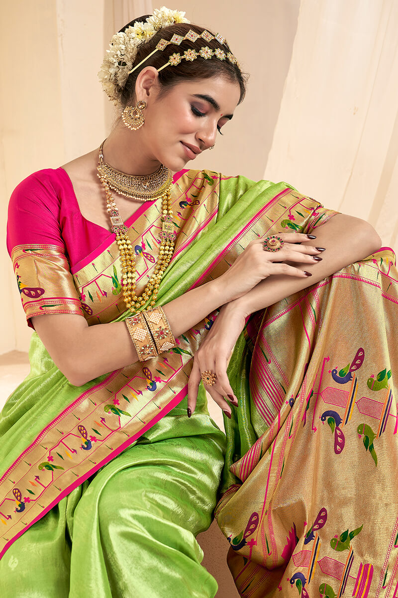 Android Green Paithani Tissue Silk Saree