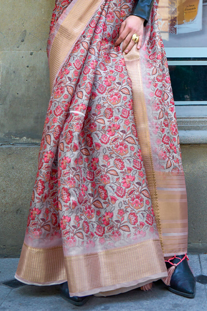 Antique Beige Organza Printed Satin Silk Saree