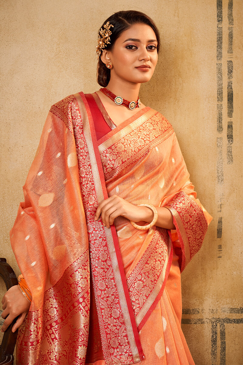 Apricot Peach Banarasi Tissue Silk Saree