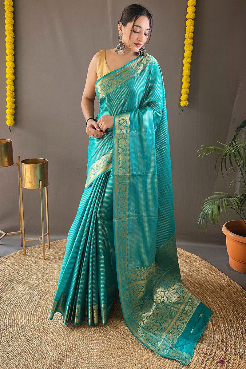 Aqua Blue Banarasi Silk Saree