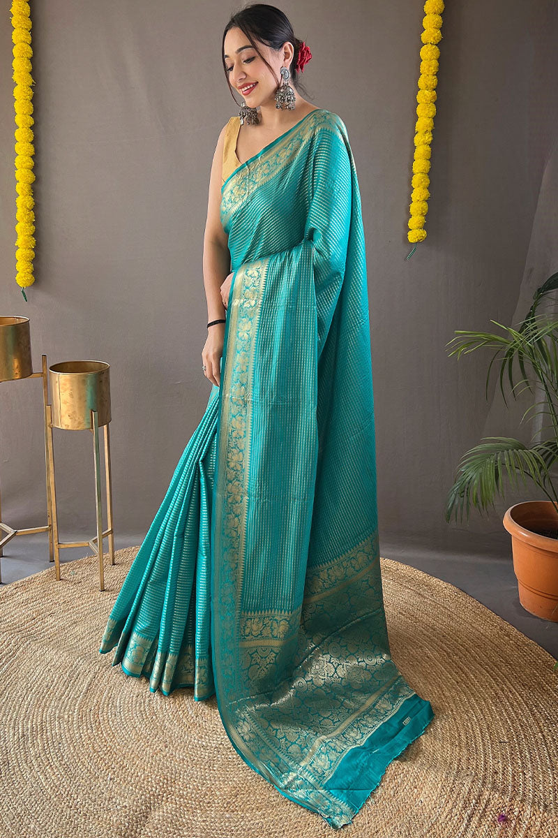 Aqua Blue Banarasi Silk Saree