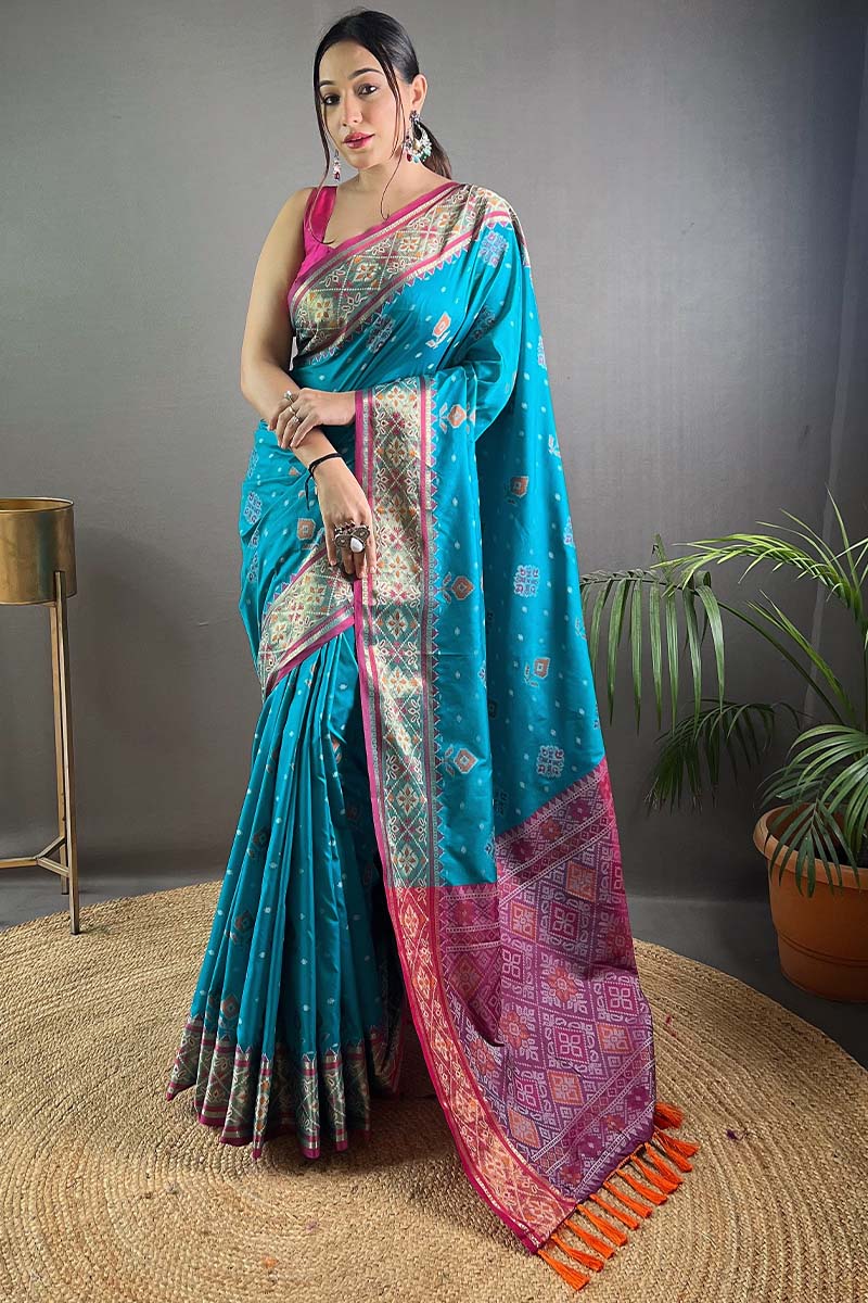 Aqua Blue Patola Silk Saree