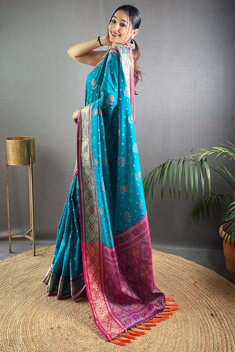 Aqua Blue Patola Silk Saree