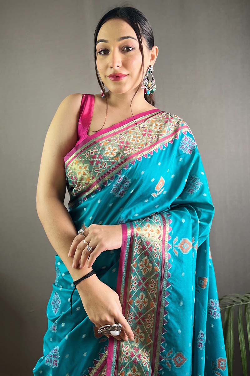 Aqua Blue Patola Silk Saree