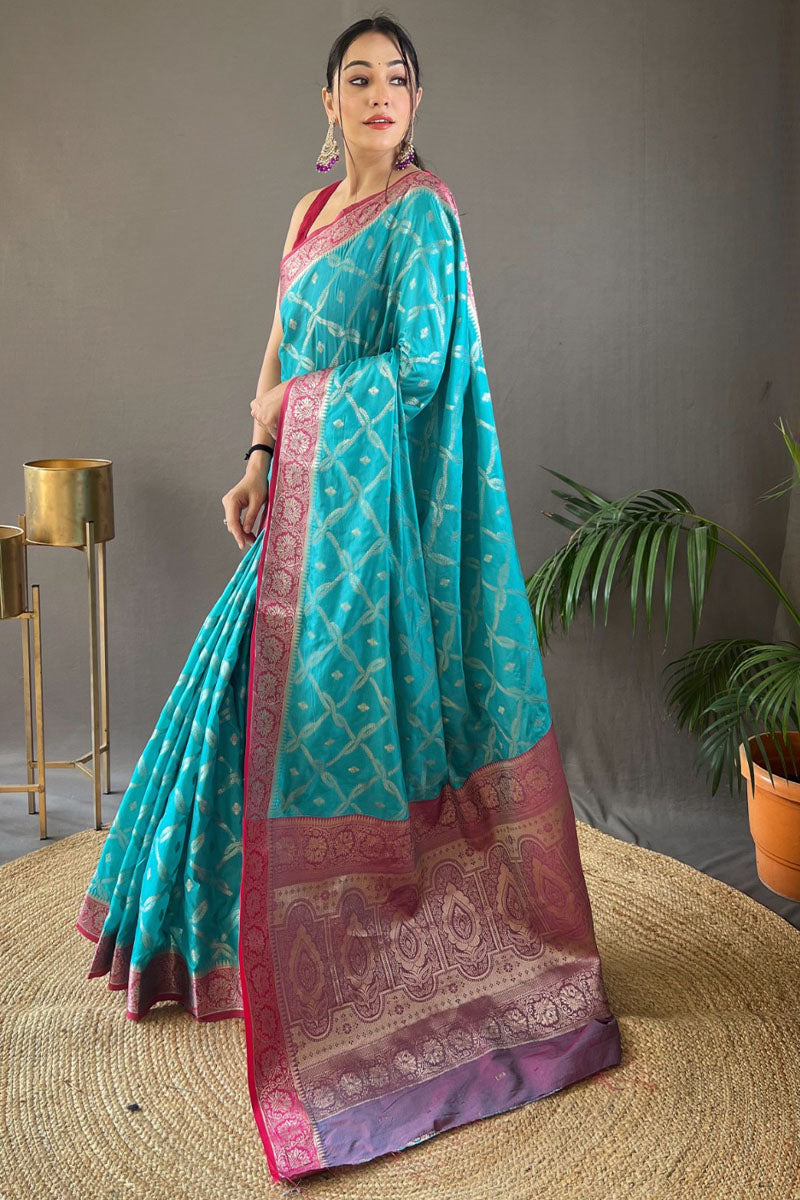 Aqua Blue Zari Woven Banarasi Silk Saree