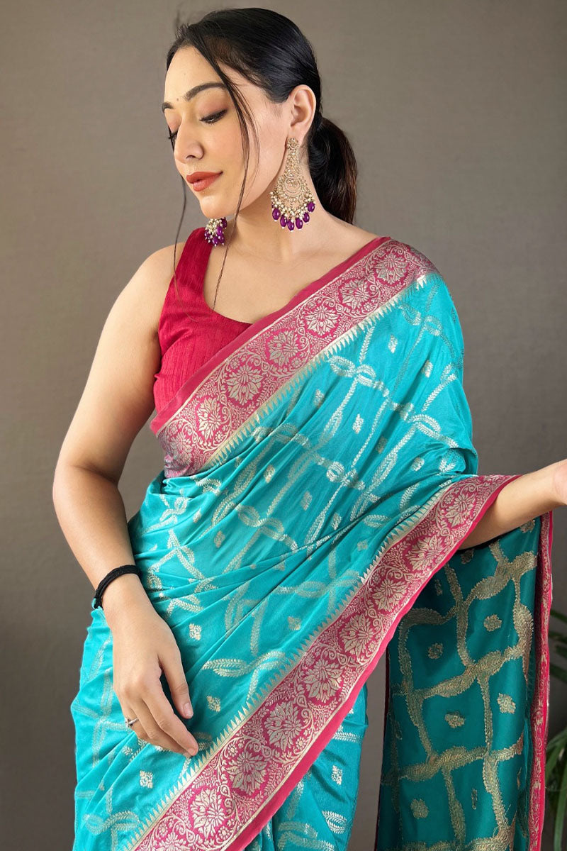 Aqua Blue Zari Woven Banarasi Silk Saree