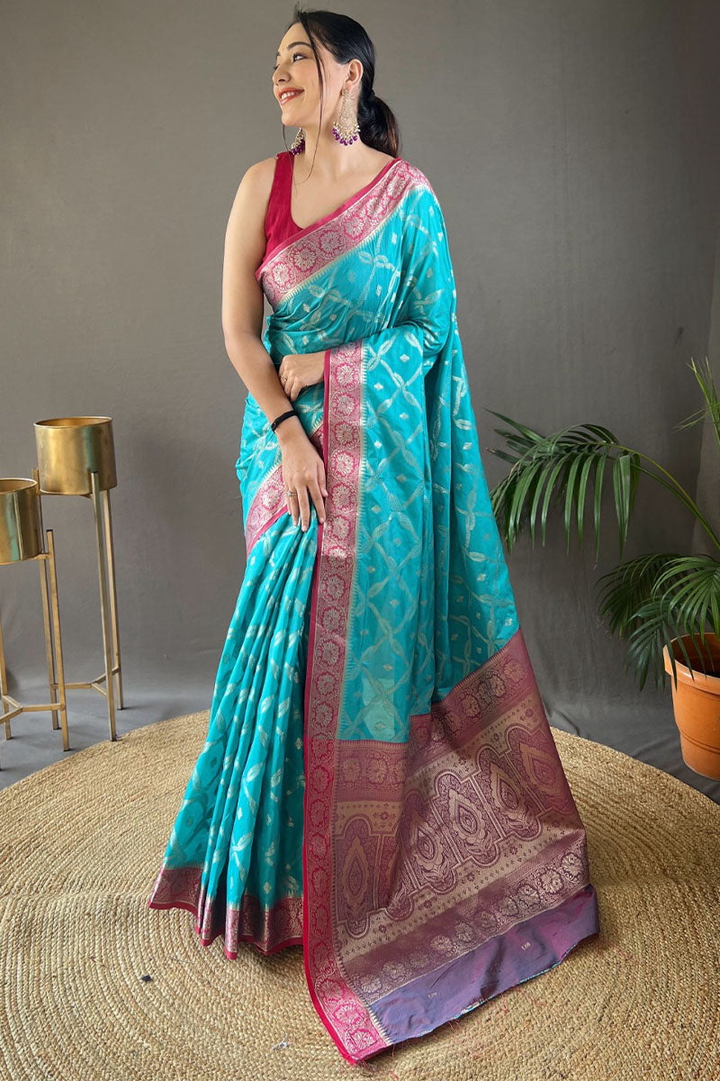 Aqua Blue Zari Woven Banarasi Silk Saree