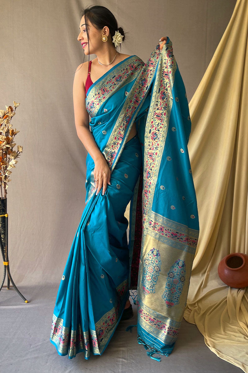 Aqua Blue Zari Woven Paithani Silk Saree