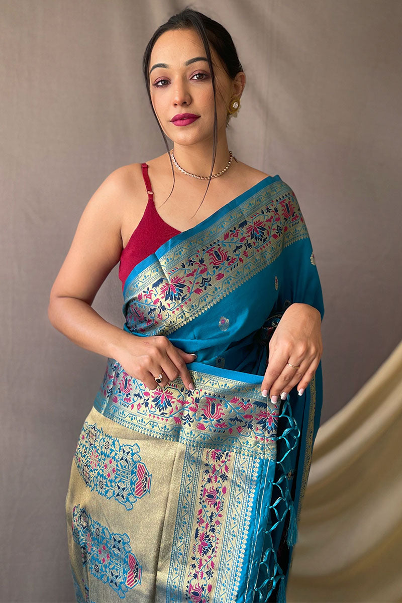 Aqua Blue Zari Woven Paithani Silk Saree