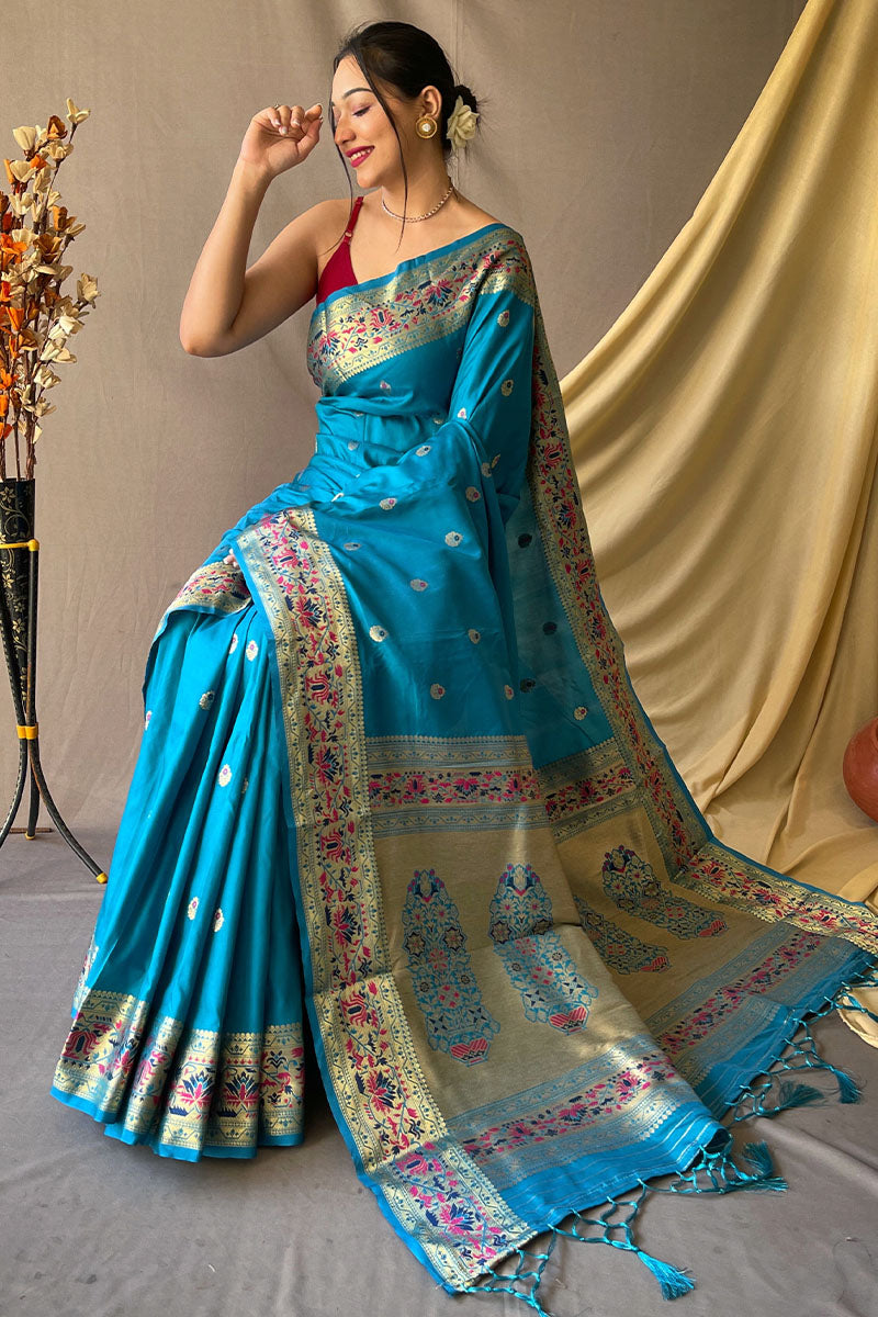 Aqua Blue Zari Woven Paithani Silk Saree