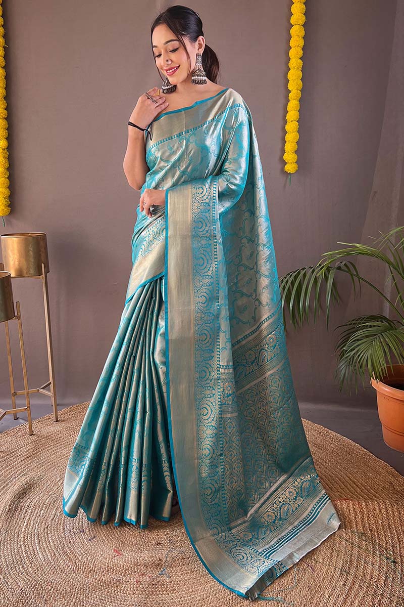 Aquamarine Blue Kanjivaram Silk Saree