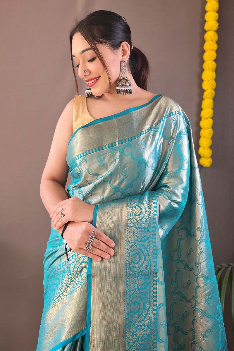 Aquamarine Blue Kanjivaram Silk Saree