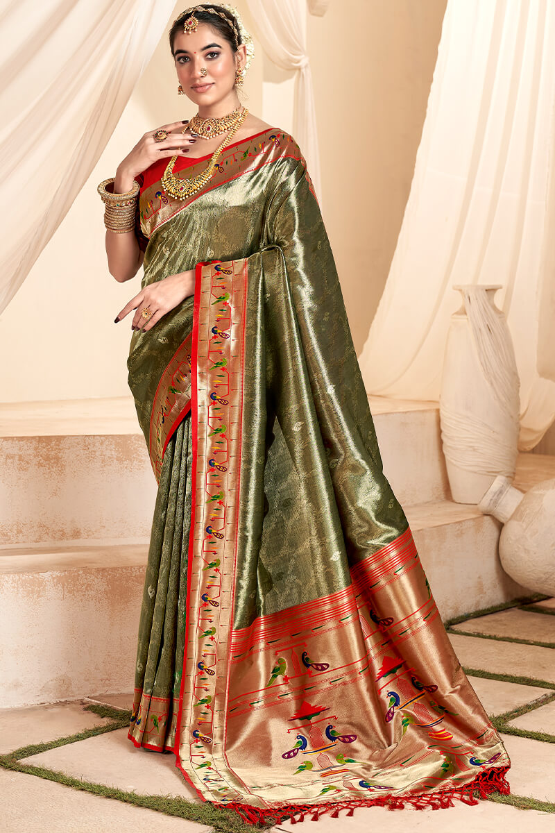 Army Brown Paithani Tissue Silk Saree