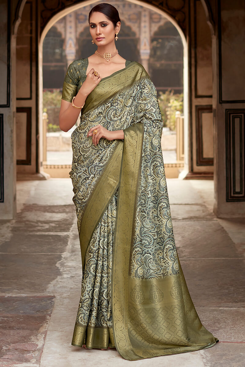 Army Green Printed Soft Silk Saree