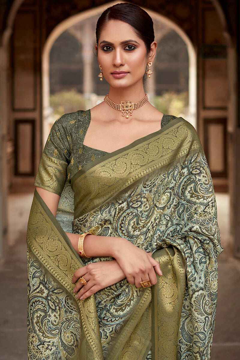 Army Green Printed Soft Silk Saree