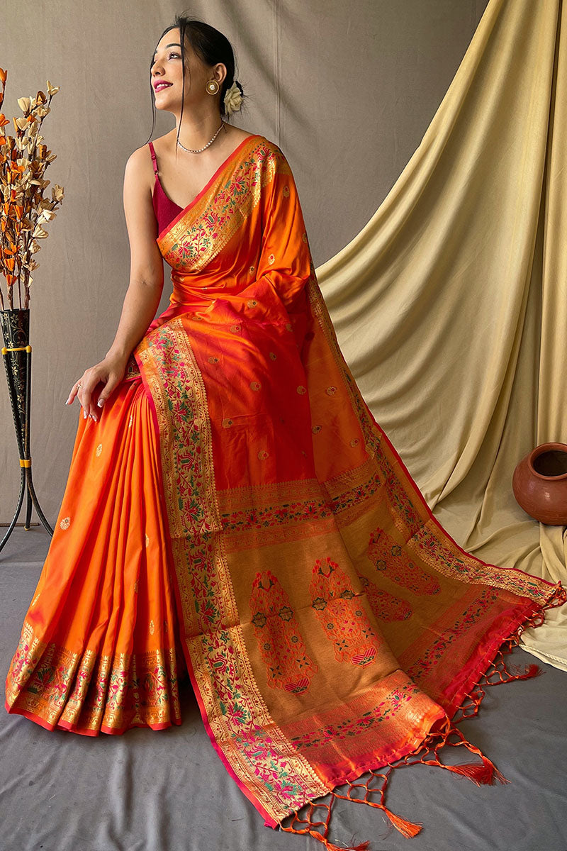 ArtyClick Orange Zari Woven Paithani Silk Saree