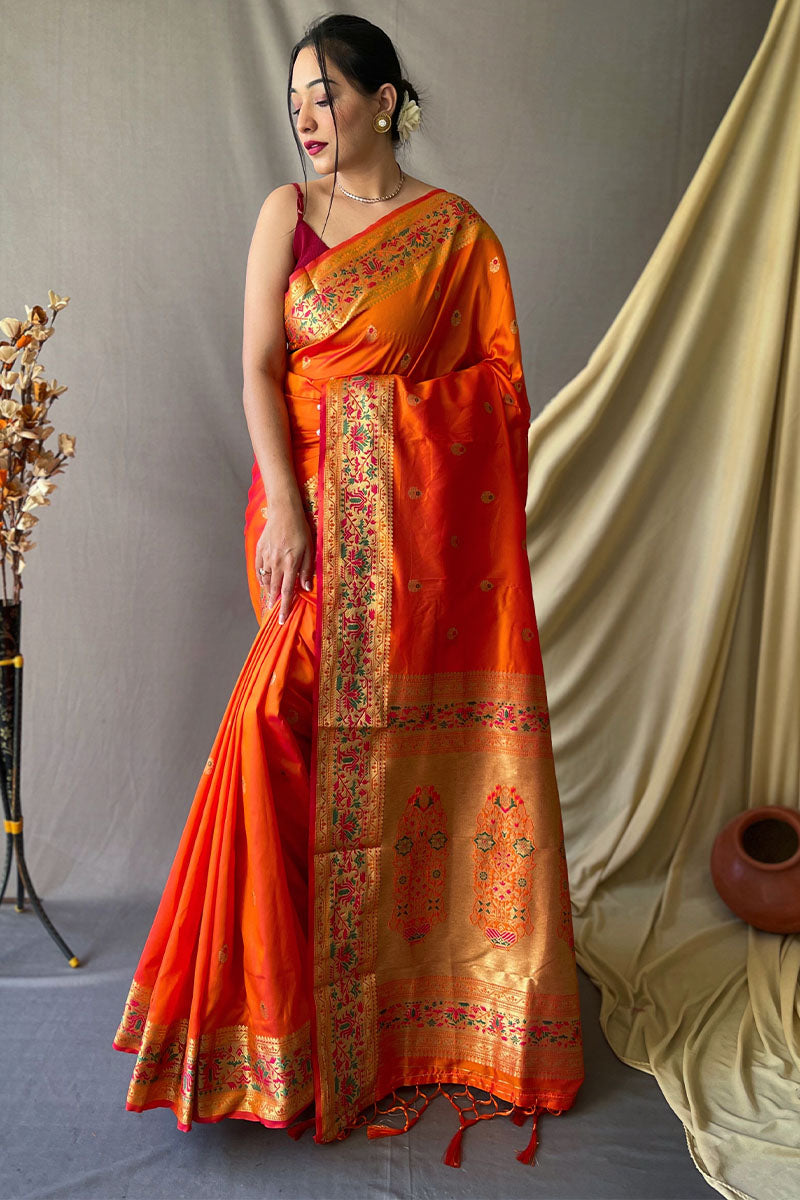 ArtyClick Orange Zari Woven Paithani Silk Saree