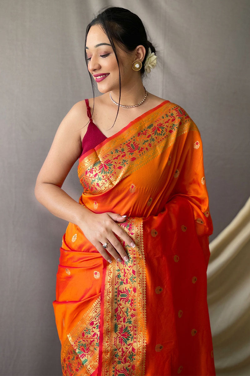 ArtyClick Orange Zari Woven Paithani Silk Saree