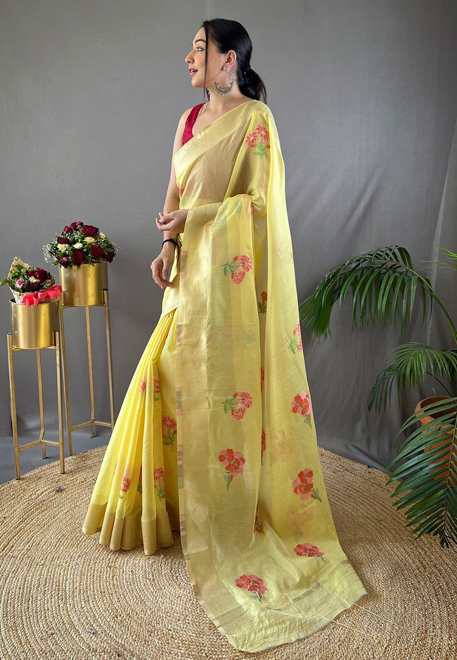 Arylide Yellow Embroidered Work Cotton Saree