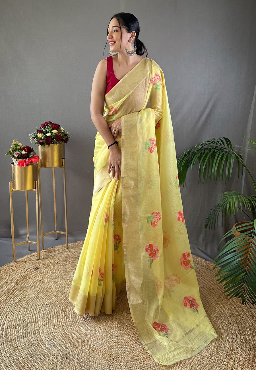 Arylide Yellow Embroidered Work Cotton Saree