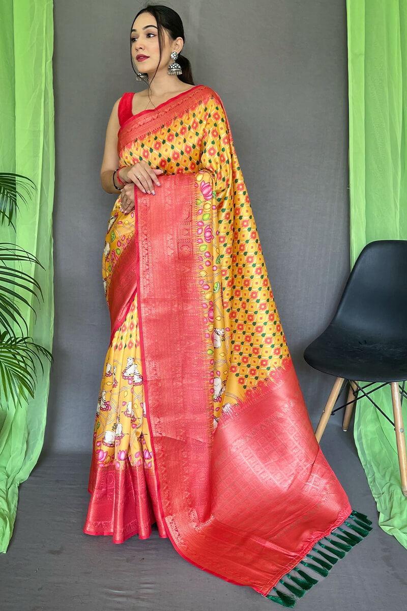 Arylide Yellow Kalamkari Printed Soft Silk Saree