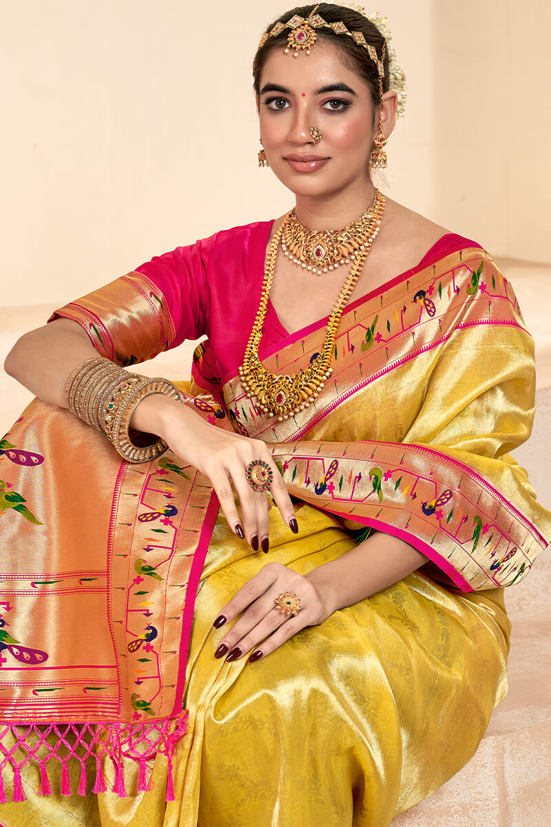 Arylide Yellow Paithani Tissue Silk Saree