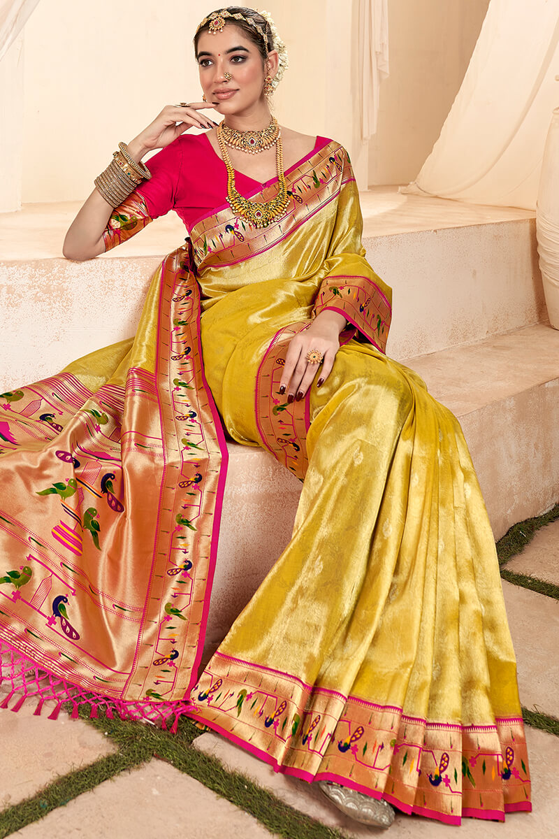 Arylide Yellow Paithani Tissue Silk Saree