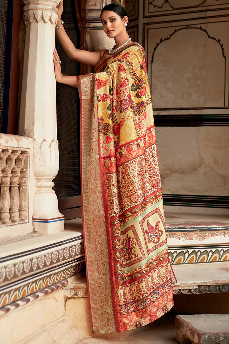 Arylide Yellow Printed Dola Silk Saree