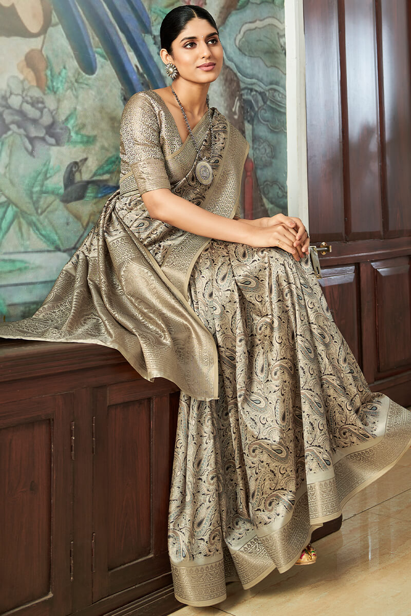 Ash Grey Printed Satin Silk Saree