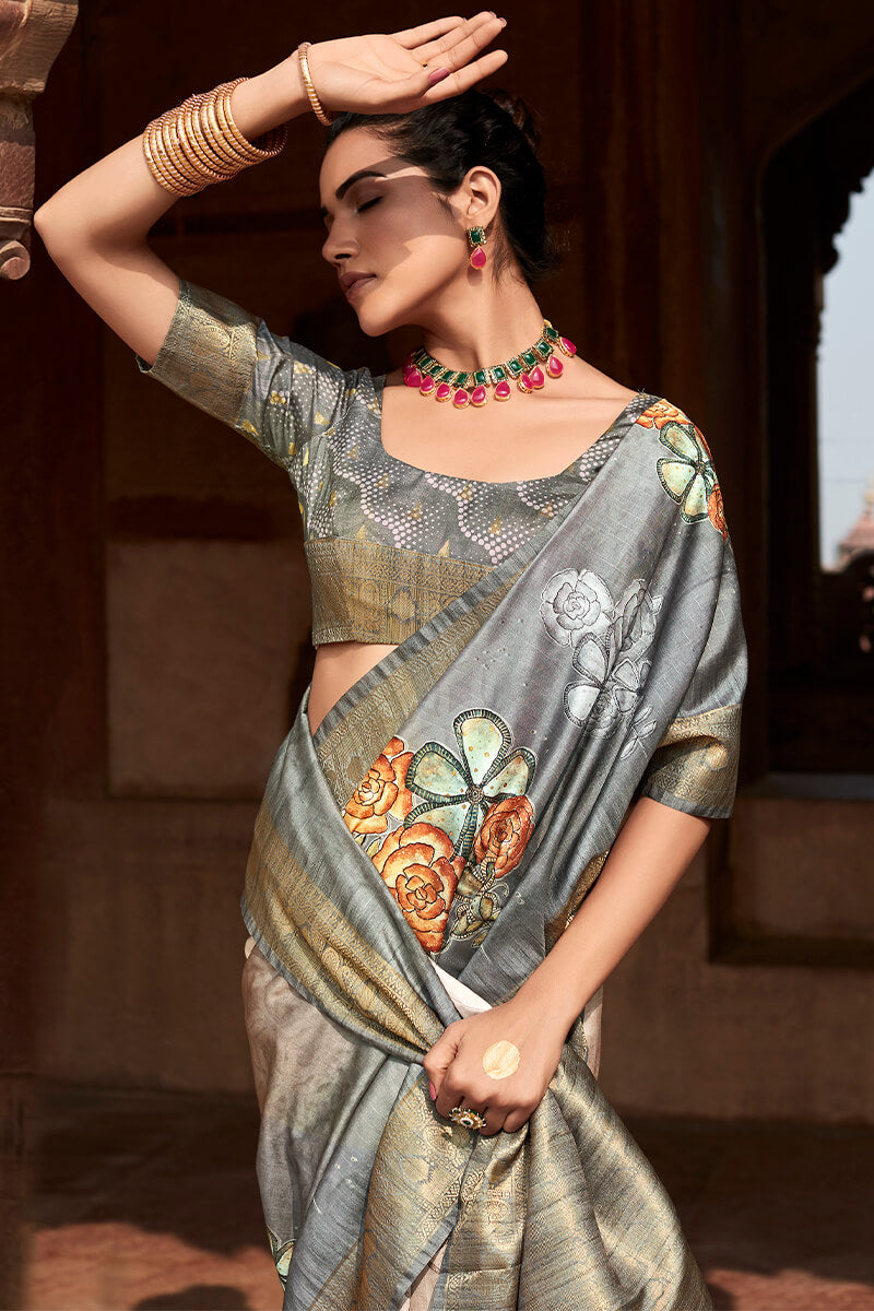 Ash Grey Printed Silk Saree